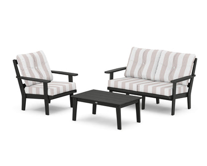 POLYWOOD® Oxford 3-Piece Deep Seating Set with Loveseat in Black / Cabana Stripe Dune Burlap