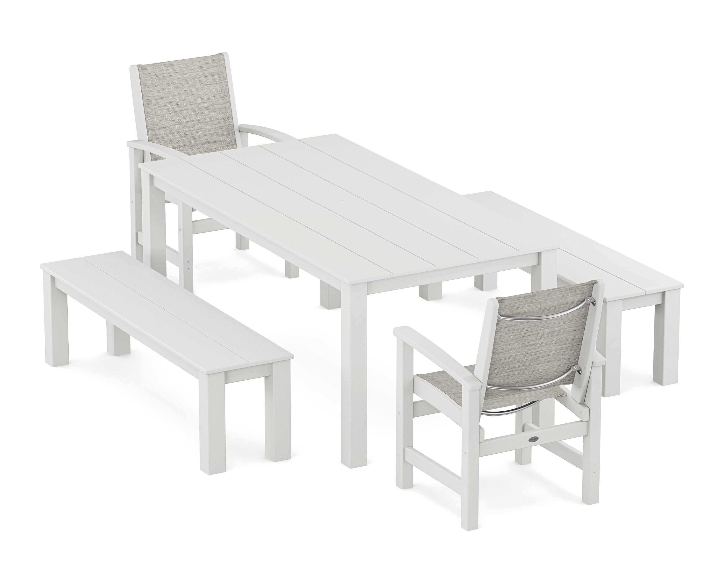 POLYWOOD® Coastal 5-Piece Parsons Dining Set with Benches in White / Birch Sling