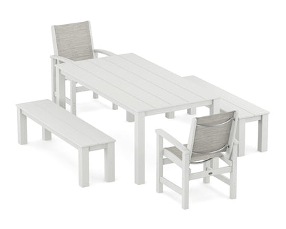 POLYWOOD® Coastal 5-Piece Parsons Dining Set with Benches in White / Birch Sling