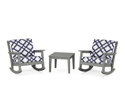 POLYWOOD® Chippendale 3-Piece Deep Seating Rocker Set in Slate Grey / Trellis Navy