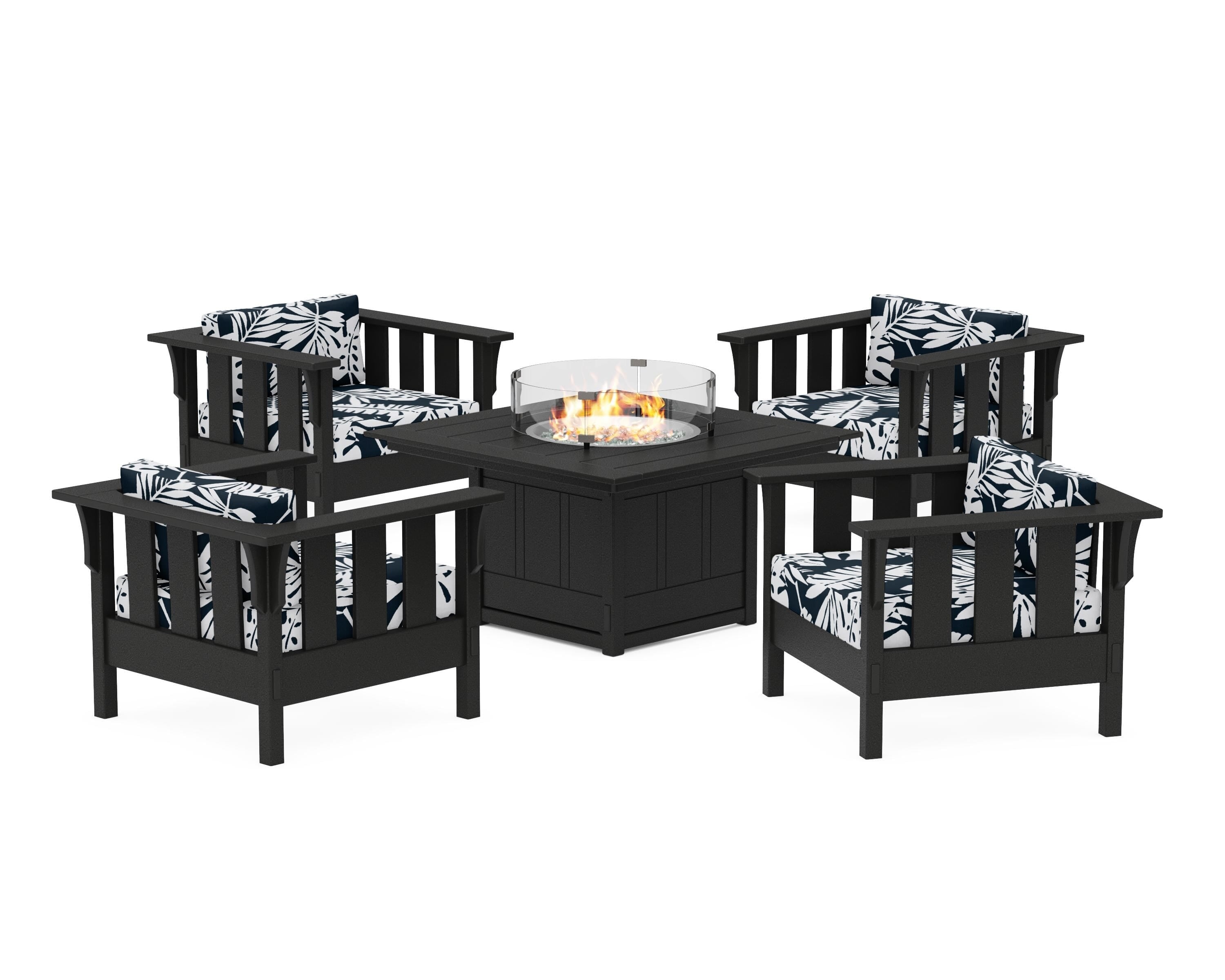 Martha Stewart by POLYWOOD® Acadia 5-Piece Deep Seating Set with Fire Pit Table in Black / Leaf Marine Indigo