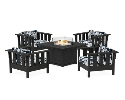 Martha Stewart by POLYWOOD® Acadia 5-Piece Deep Seating Set with Fire Pit Table in Black / Leaf Marine Indigo
