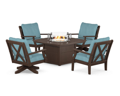POLYWOOD® Braxton 5-Piece Deep Seating Set with Fire Table in Mahogany / Lattice Sky Blue