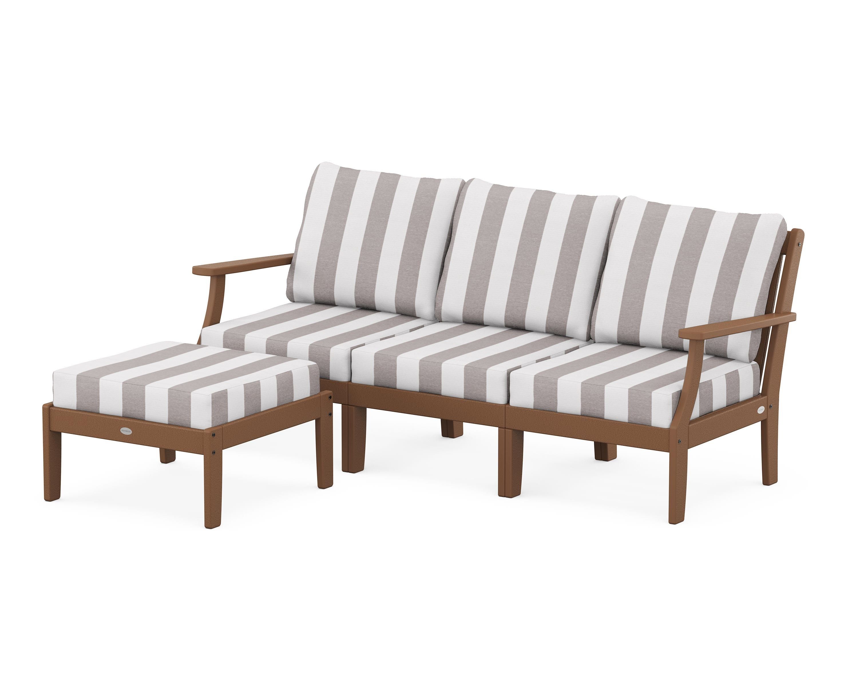 POLYWOOD® Braxton Modular 4-Piece Deep Seating Set with Ottoman in Teak / Cabana Stripe Grey Mist