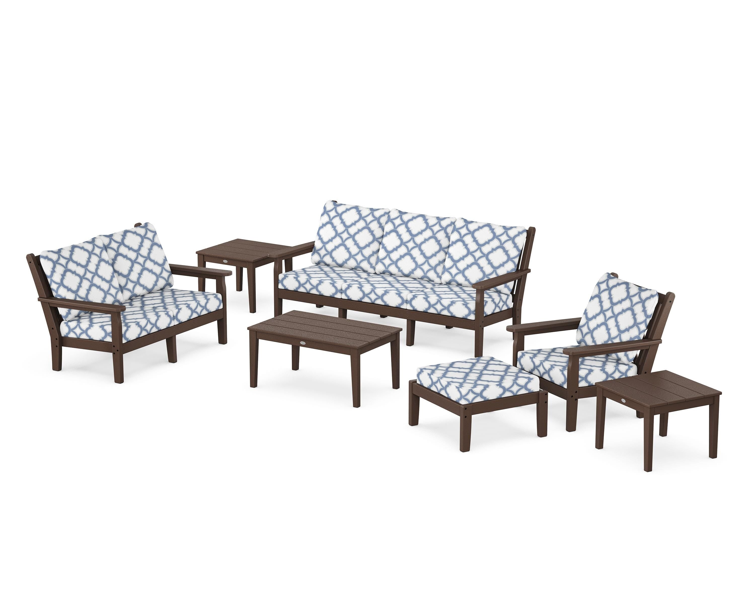 POLYWOOD® Chippendale 7-Piece Deep Seating Set in Mahogany / Trellis Sky Blue