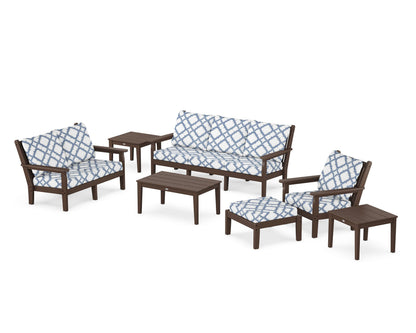 POLYWOOD® Chippendale 7-Piece Deep Seating Set in Mahogany / Trellis Sky Blue