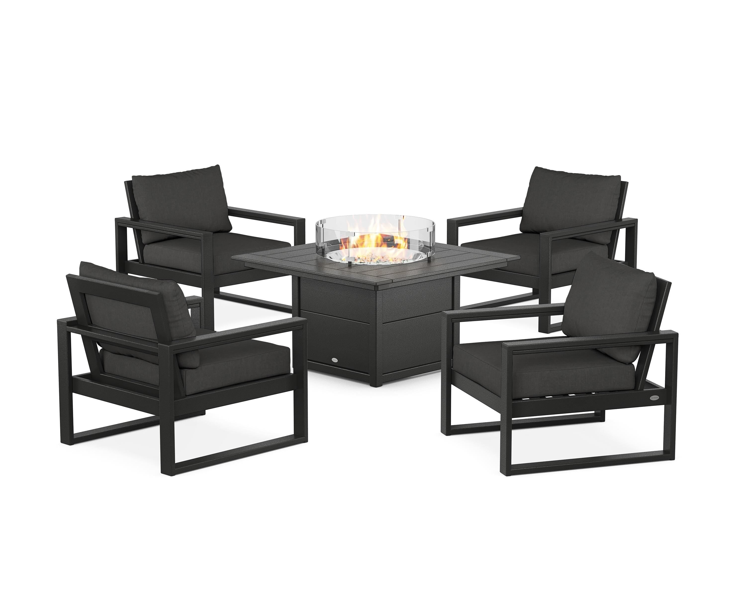 POLYWOOD® EDGE Sectional 5-Piece Deep Seating Set with Fire Pit Table in Black / Spectrum Carbon