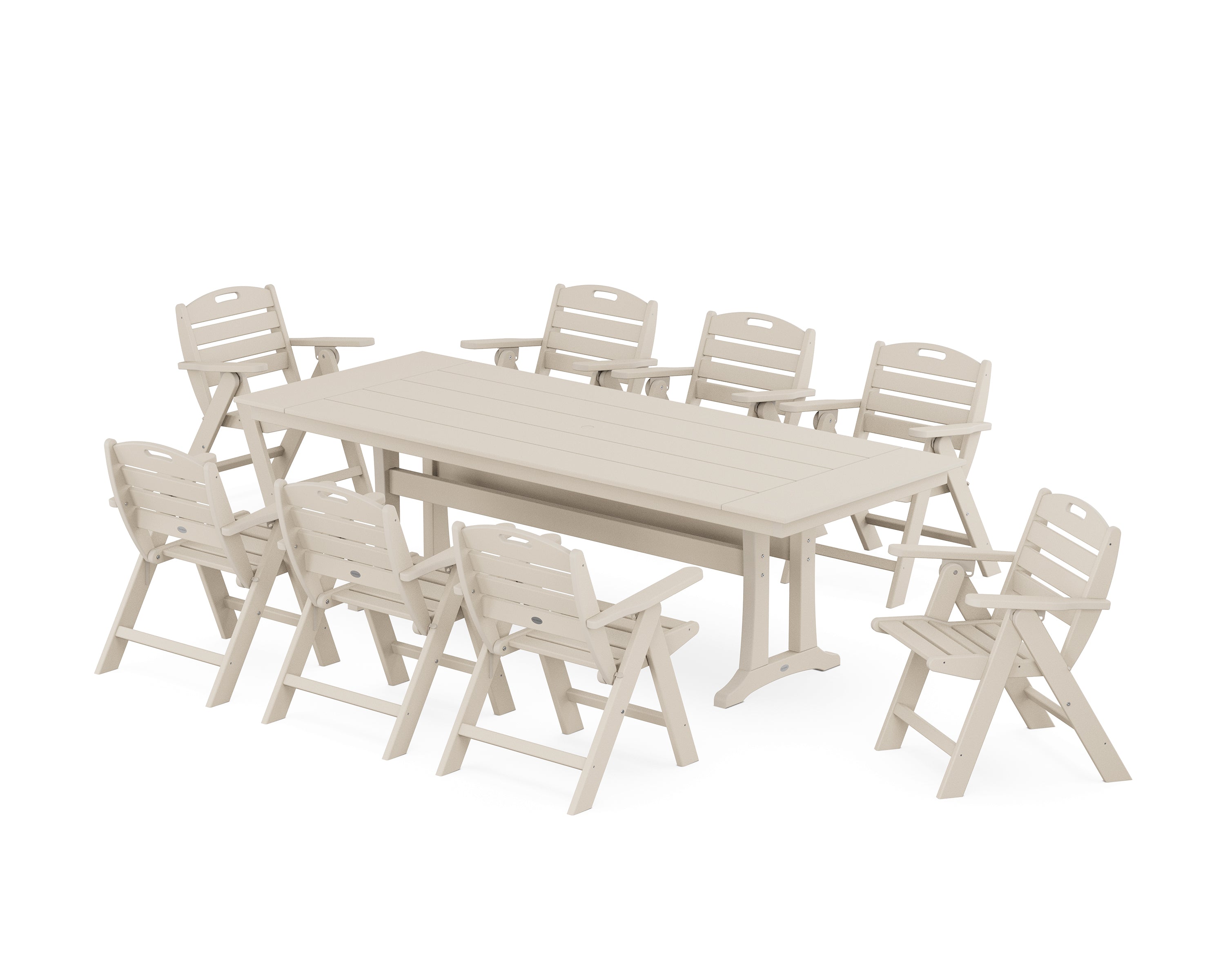 POLYWOOD® Nautical Lowback 9-Piece Farmhouse Dining Set with Trestle Legs in Sand