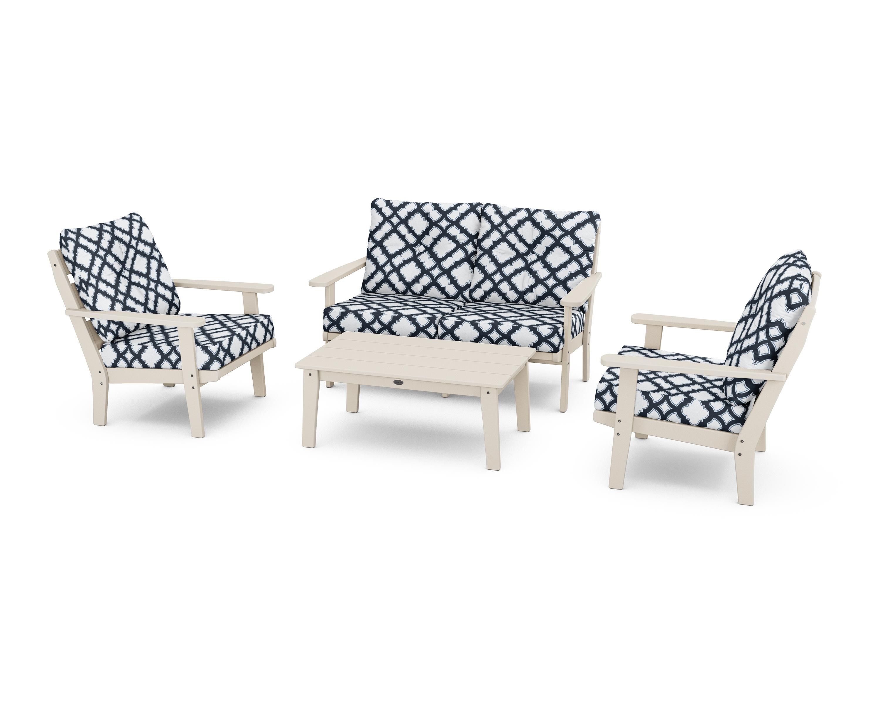 POLYWOOD® Lakeside 4-Piece Deep Seating Set in Sand / Trellis Marine Indigo