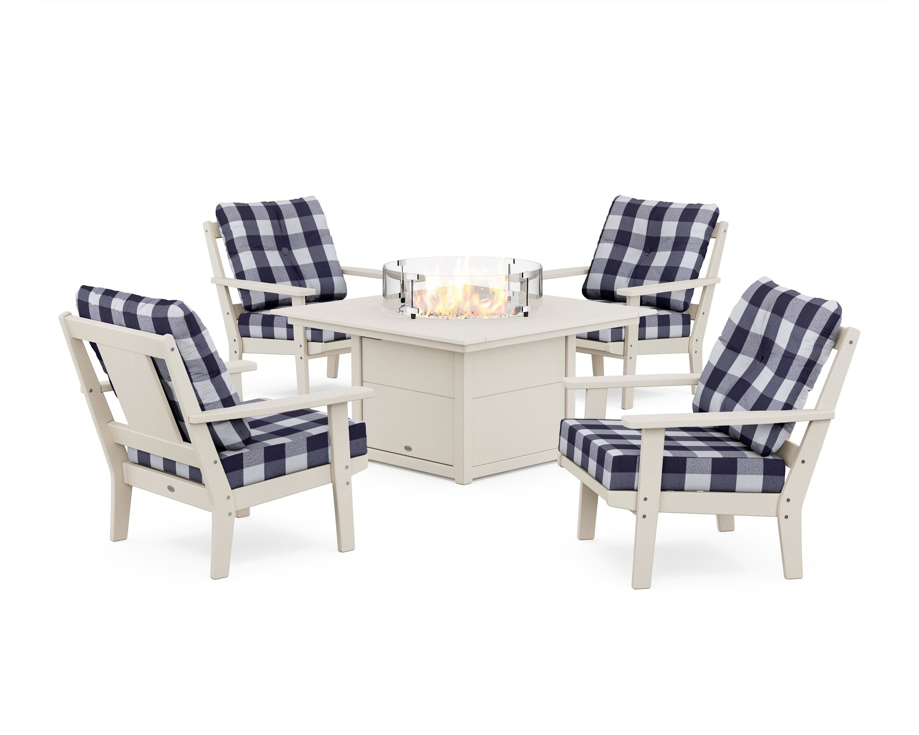 POLYWOOD® Prairie 5-Piece Deep Seating Set with Fire Pit Table in Sand / Buffalo Plaid Navy