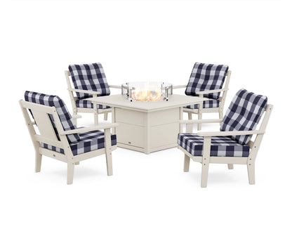 POLYWOOD® Prairie 5-Piece Deep Seating Set with Fire Pit Table in Sand / Buffalo Plaid Navy