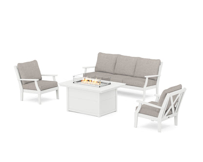 POLYWOOD® Braxton Deep Seating Fire Pit Table Set in White / Weathered Tweed