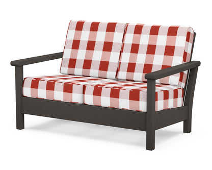 POLYWOOD® Harbour Deep Seating Loveseat in Vintage Coffee / Buffalo Plaid Crimson