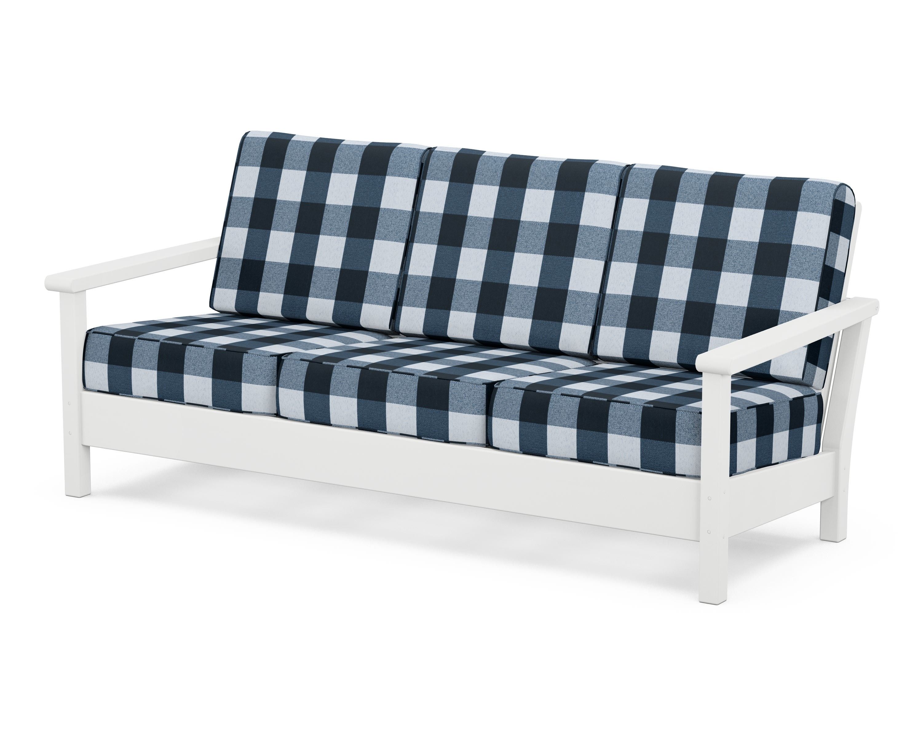 POLYWOOD® Harbour Deep Seating Sofa in White / Buffalo Plaid Marine Indigo