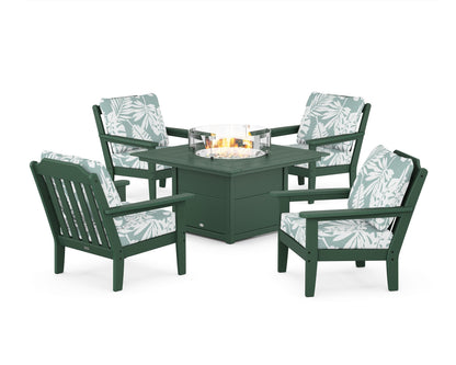 Country Living Cottage 5-Piece Deep Seating Set with Fire Pit Table in Green / Leaf Glacier Spa