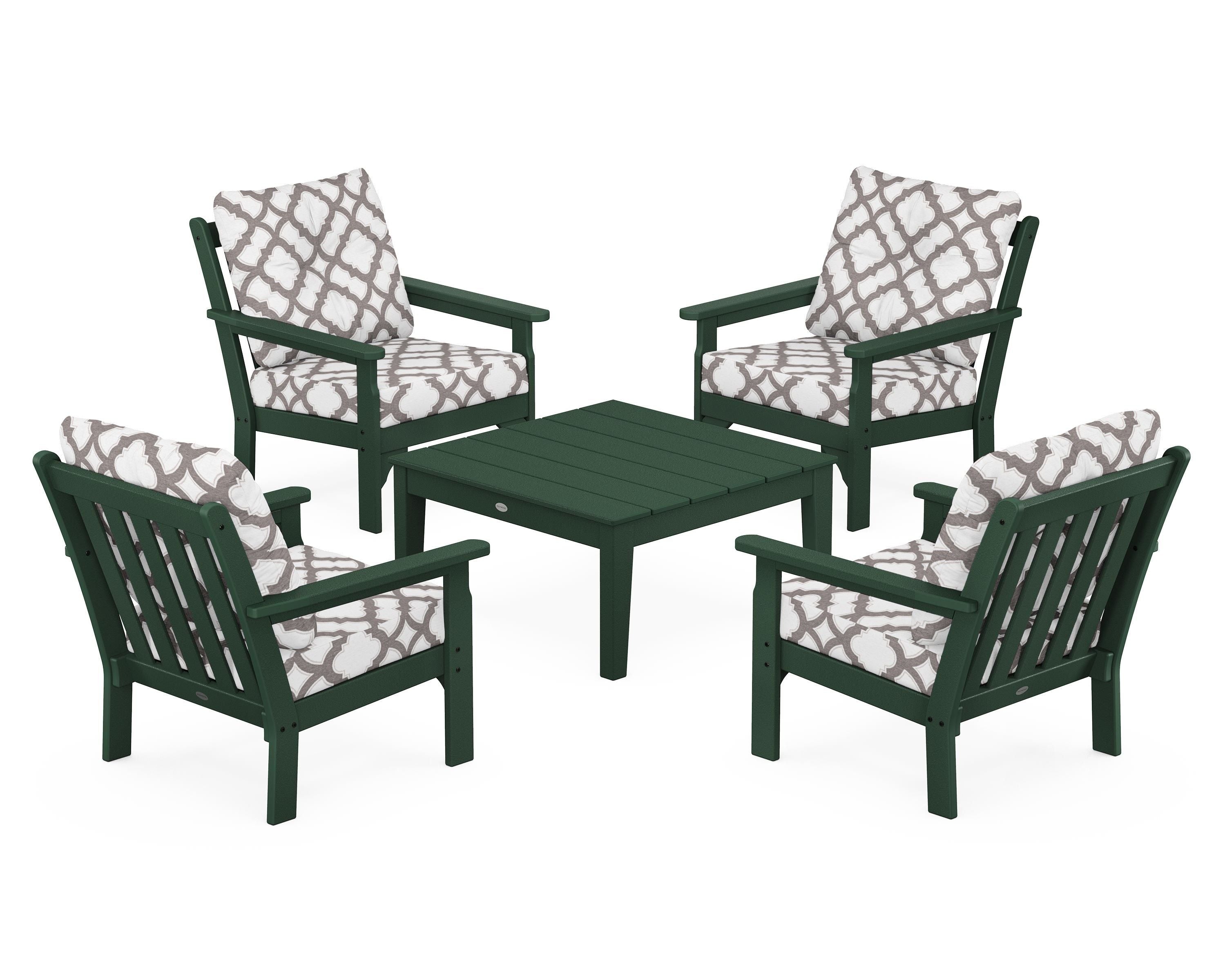 POLYWOOD® Vineyard 5-Piece Deep Seating Conversation Set in Green / Trellis Grey Mist