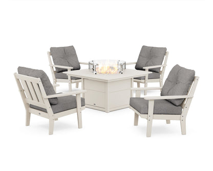 POLYWOOD® Oxford 5-Piece Deep Seating Set with Fire Pit Table in Sand / Grey Mist
