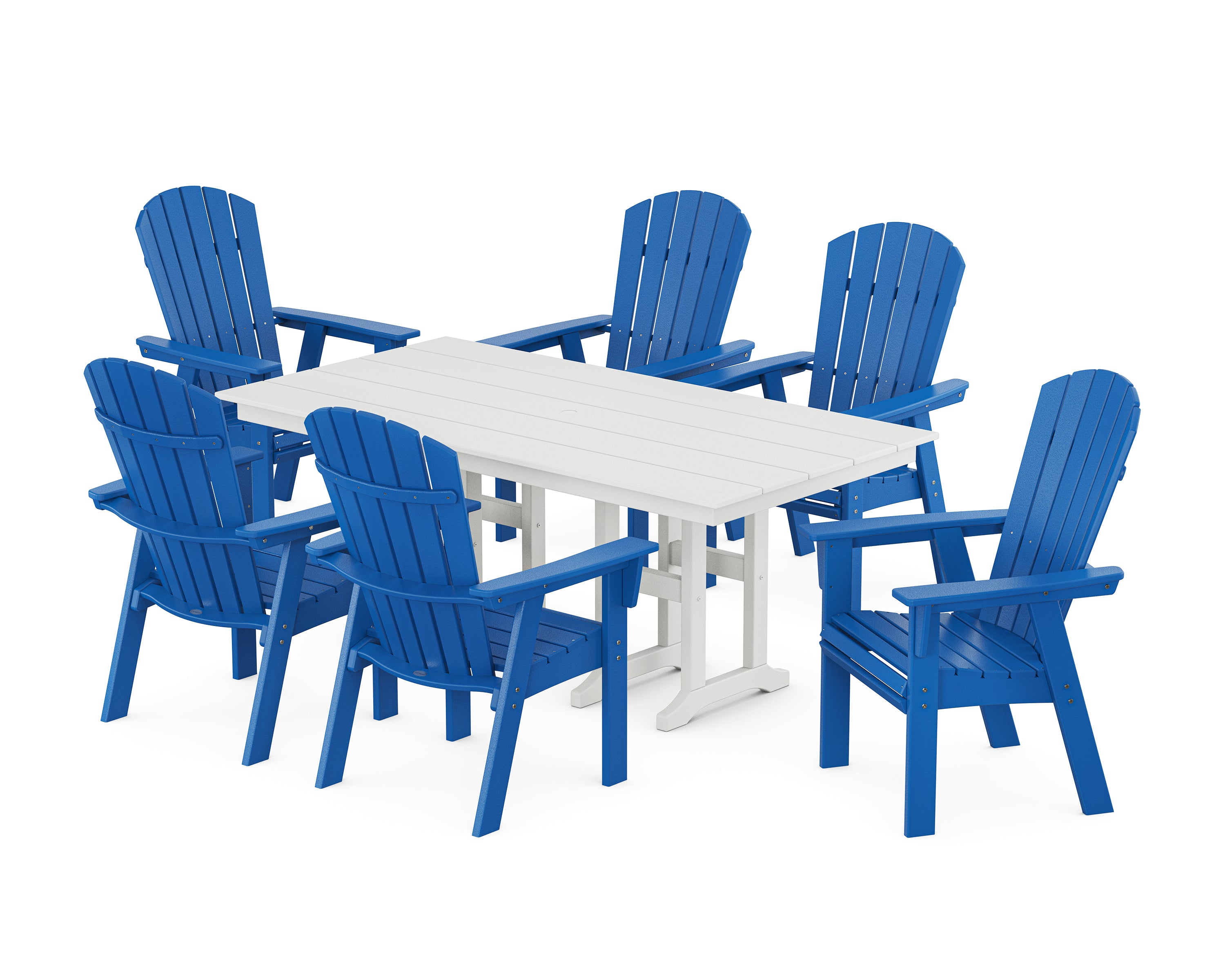 POLYWOOD® Nautical Curveback Adirondack 7-Piece Farmhouse Dining Set in Pacific Blue / White