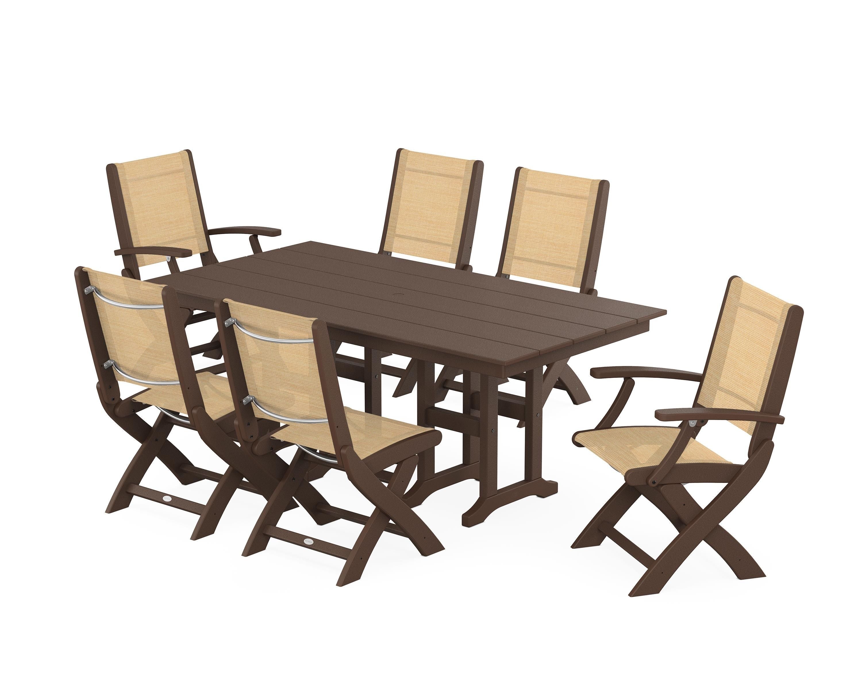 POLYWOOD® Coastal Folding Chair 7-Piece Farmhouse Dining Set in Mahogany / Dupioni Apricot Sling