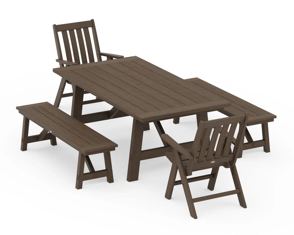 Vineyard Folding Chair 5-Piece Rustic Farmhouse Dining Set With Benches