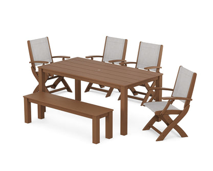 POLYWOOD® Coastal Folding Chair 6-Piece Parsons Dining Set with Bench in Teak / Parchment Sling
