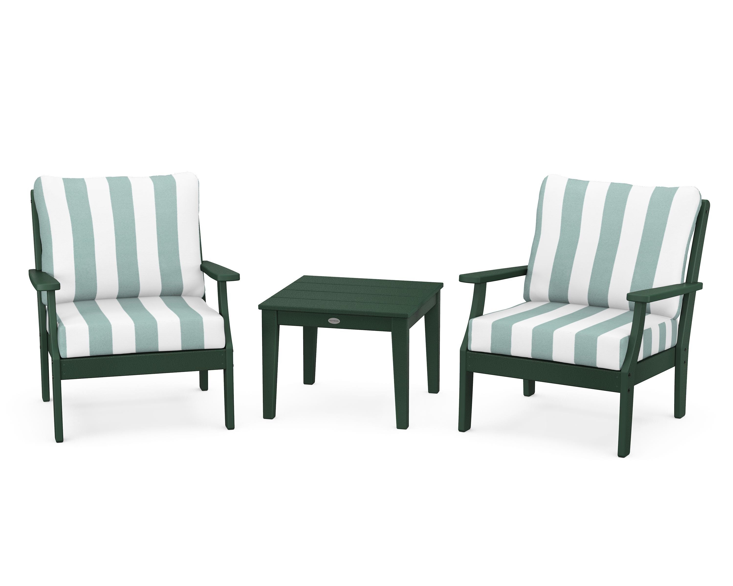 POLYWOOD® Braxton 3-Piece Deep Seating Set in Green / Cabana Stripe Glacier Spa