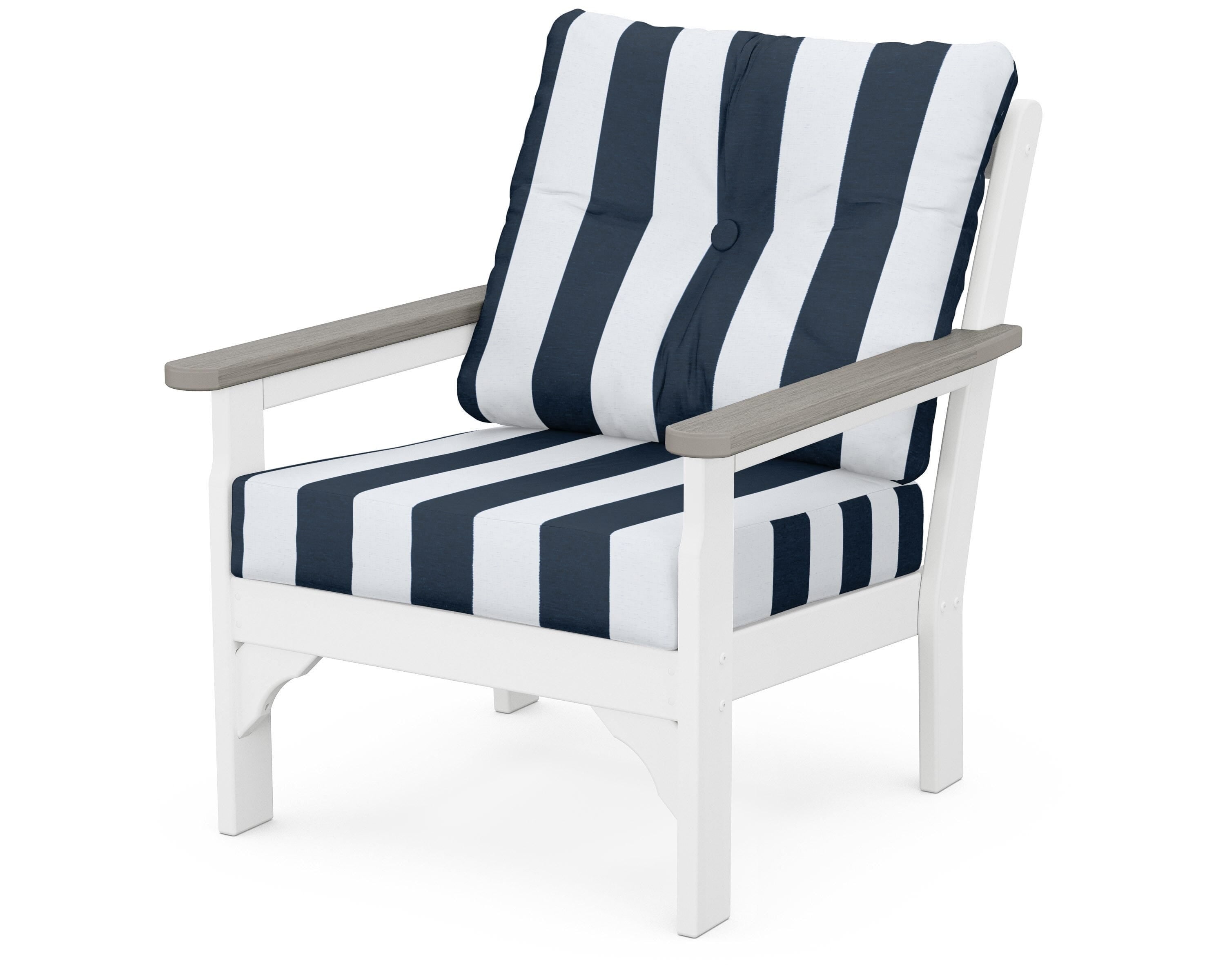 POLYWOOD® Vineyard Deep Seating Chair in White / Driftwood / Cabana Stripe Marine Indigo