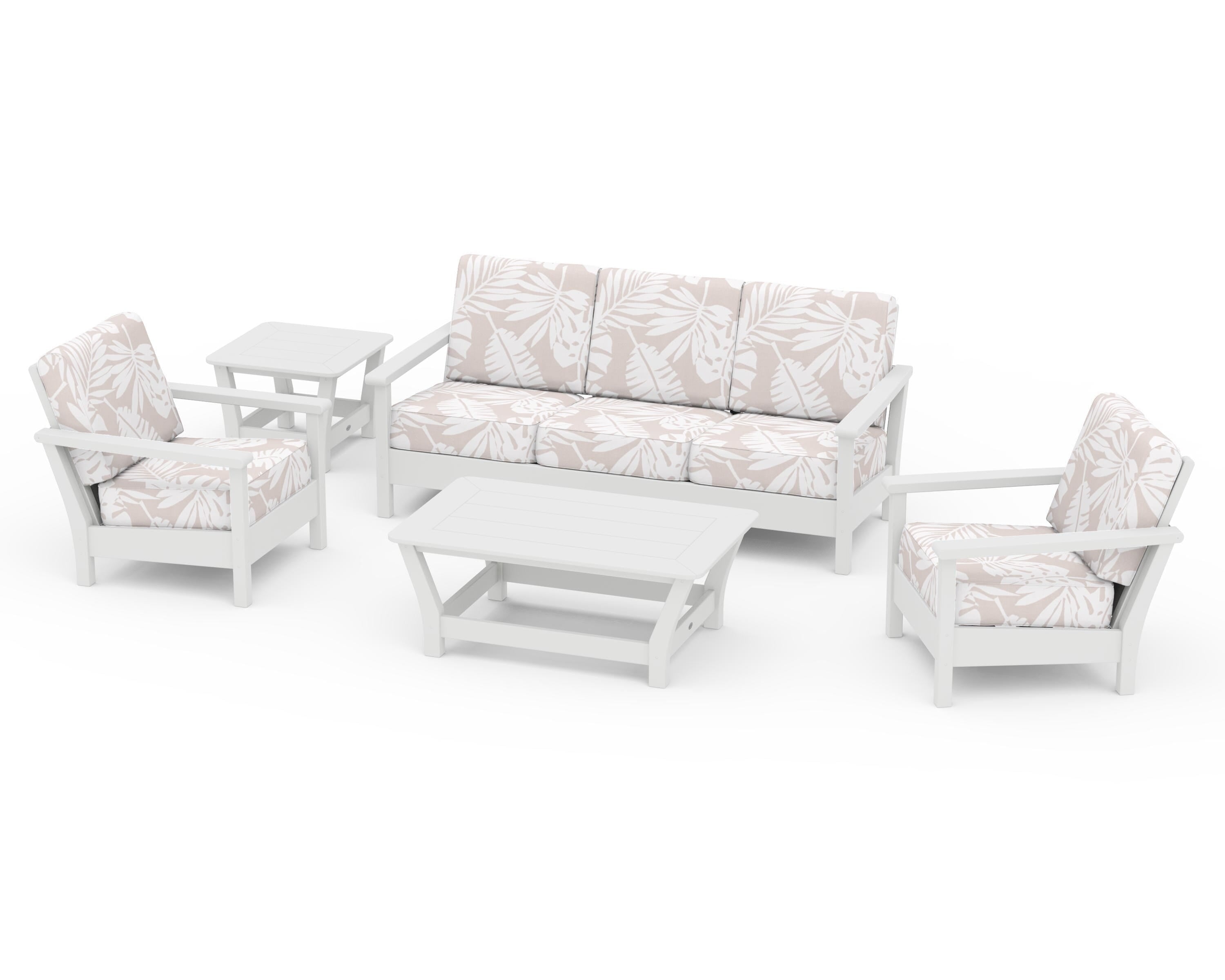 POLYWOOD® Harbour 5-Piece Deep Seating Set in White / Leaf Dune Burlap