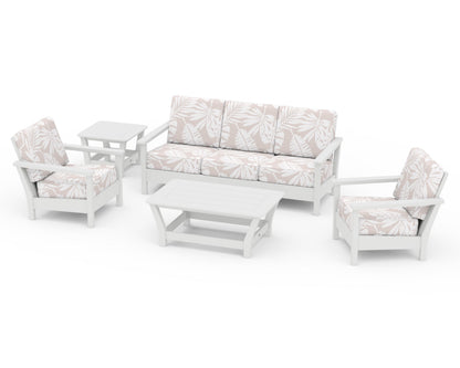 POLYWOOD® Harbour 5-Piece Deep Seating Set in White / Leaf Dune Burlap