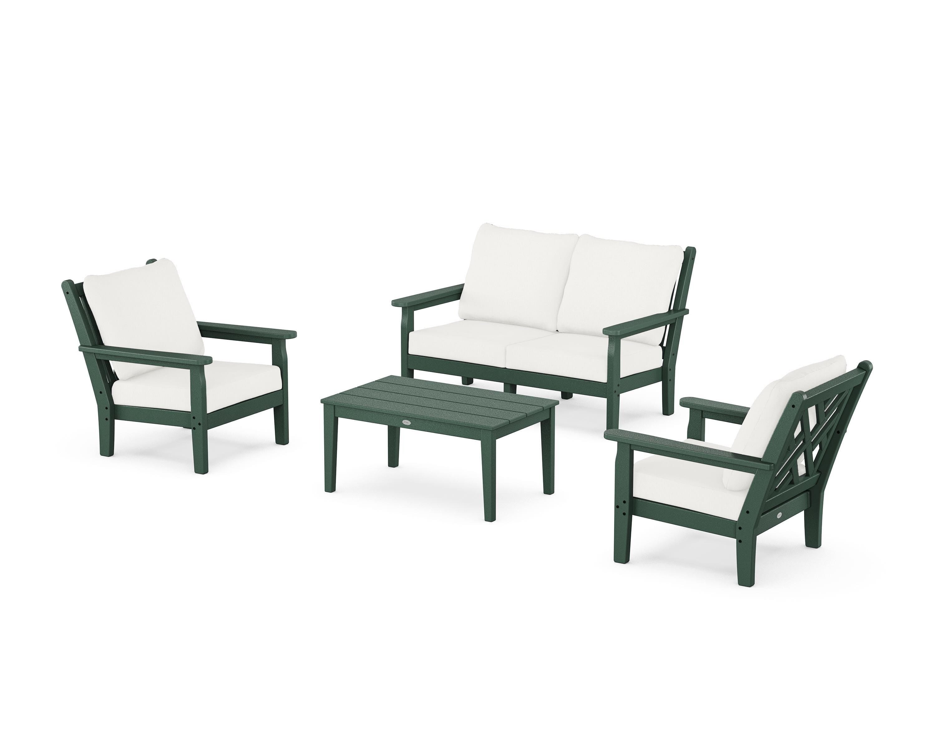 POLYWOOD® Chippendale 4-Piece Deep Seating Set with Loveseat in Green / Natural Linen