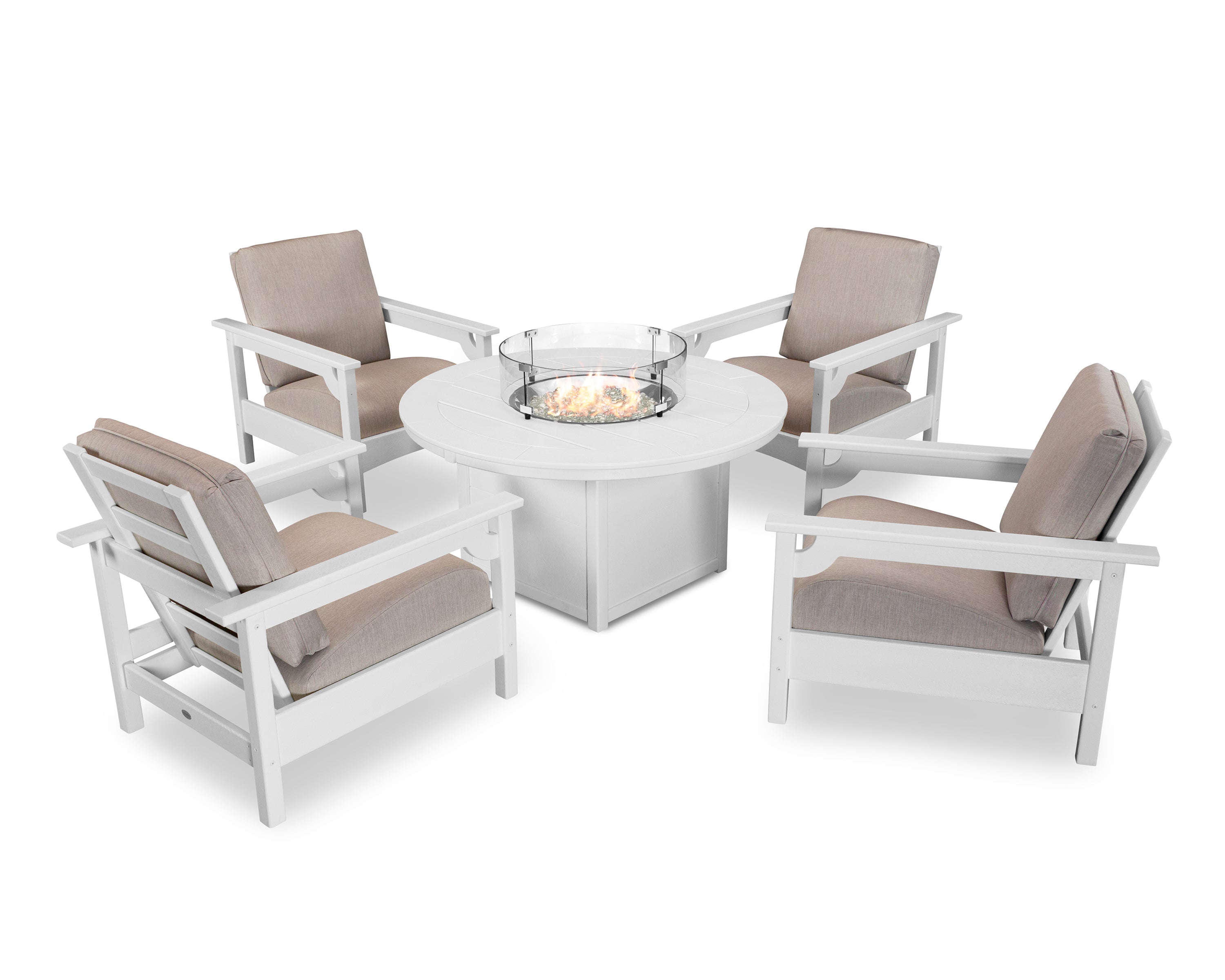 POLYWOOD® Club 5-Piece Conversation Set with Fire Pit Table in White / Cast Ash