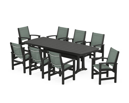 POLYWOOD® Coastal 9-Piece Dining Set with Trestle Legs in Black / Dupioni Sea Mist Sling