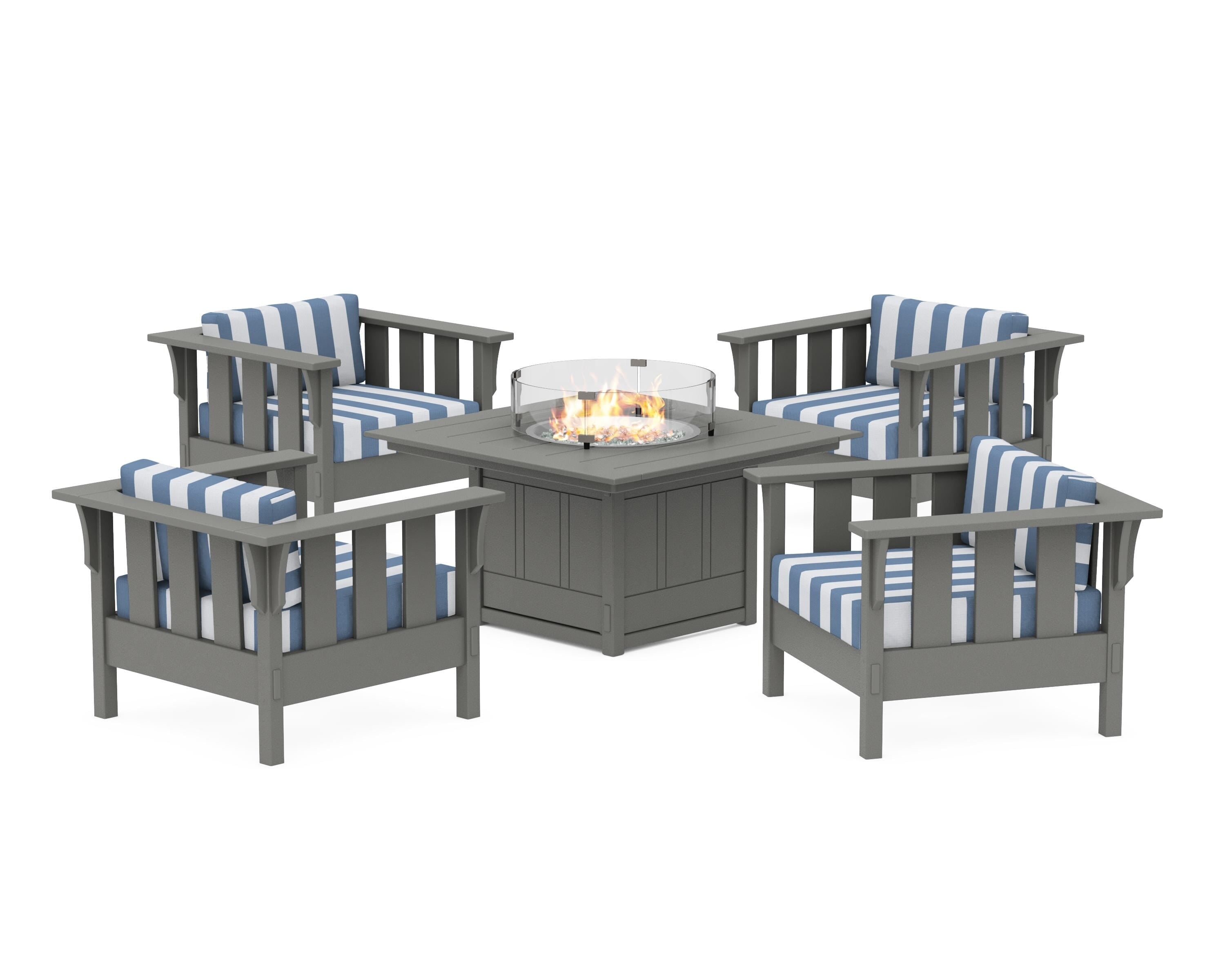 Martha Stewart by POLYWOOD® Acadia 5-Piece Deep Seating Set with Fire Pit Table in Slate Grey / Cabana Stripe Sky Blue