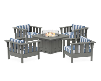 Martha Stewart by POLYWOOD® Acadia 5-Piece Deep Seating Set with Fire Pit Table in Slate Grey / Cabana Stripe Sky Blue