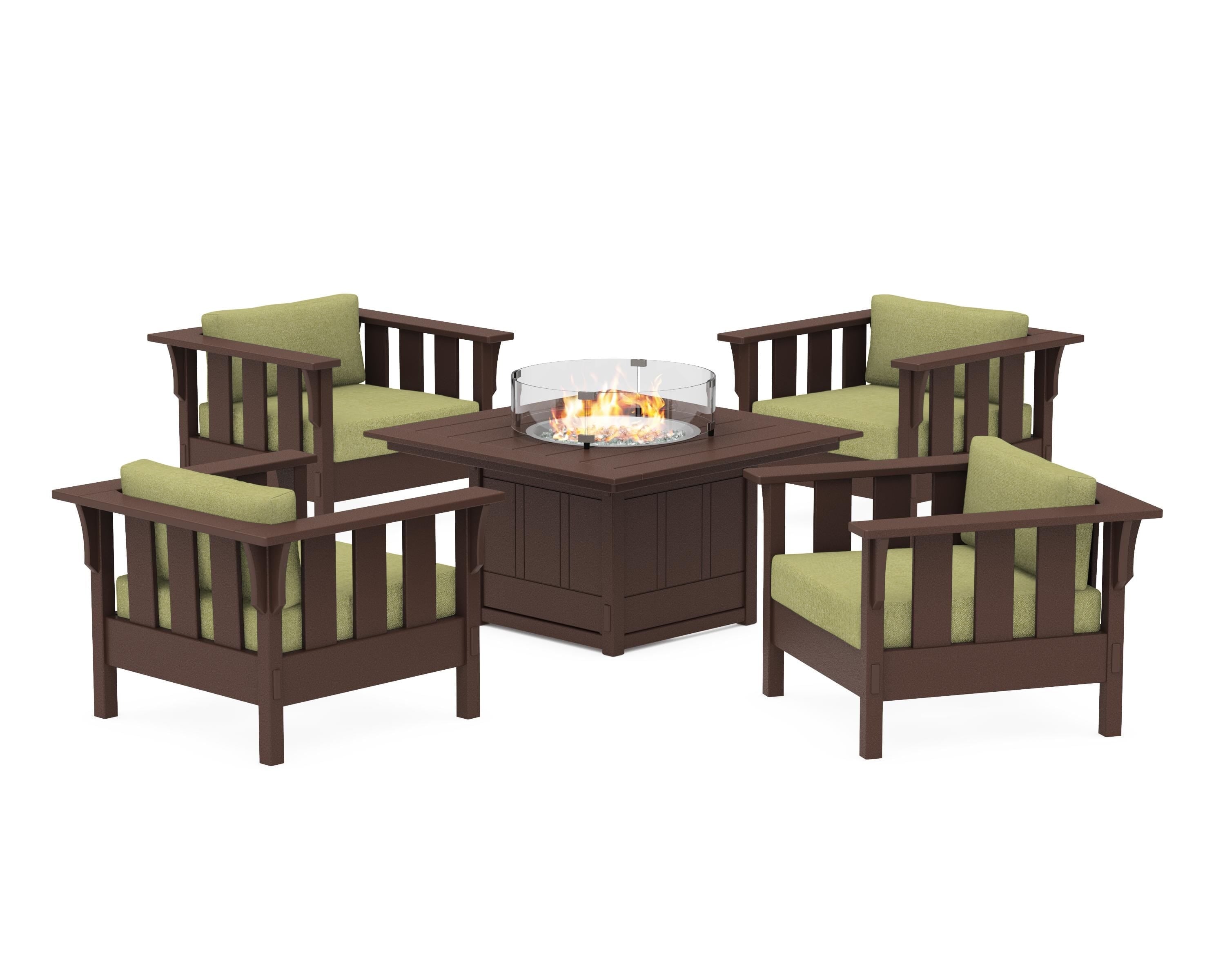 Martha Stewart by POLYWOOD® Acadia 5-Piece Deep Seating Set with Fire Pit Table in Mahogany / Chartreuse Boucle