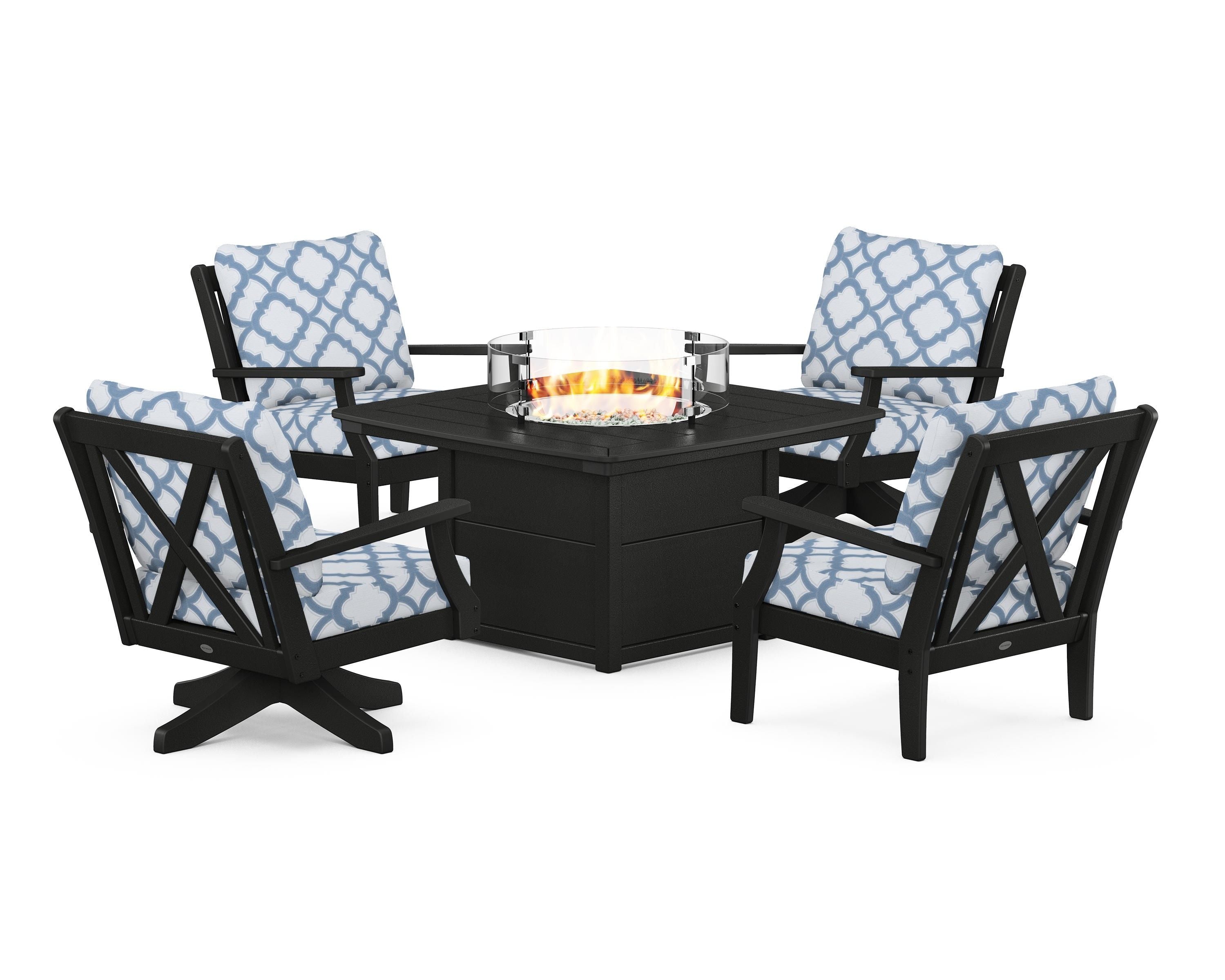 POLYWOOD® Braxton 5-Piece Deep Seating Set with Fire Table in Black / Trellis Sky Blue