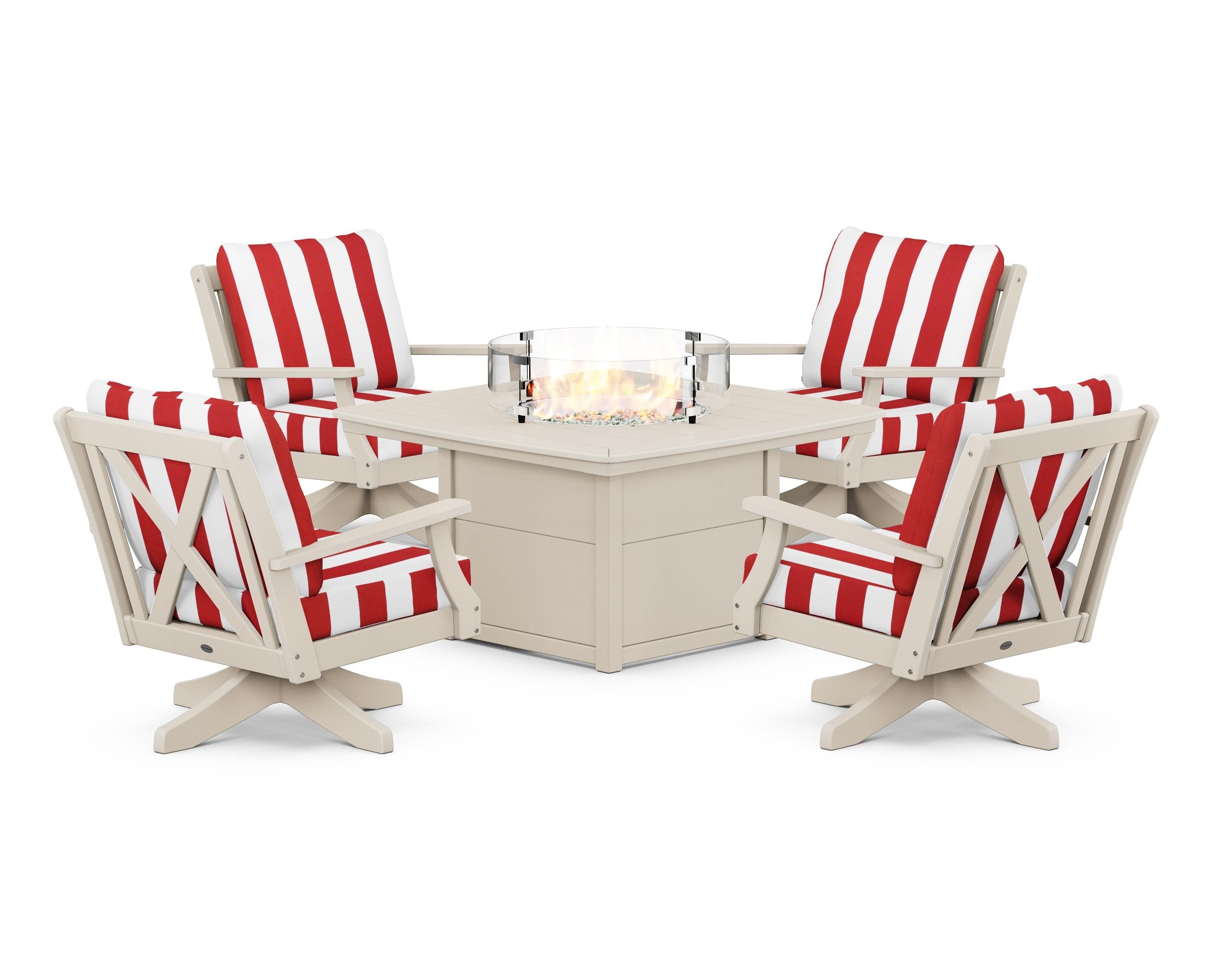 POLYWOOD® Braxton 5-Piece Deep Seating Swivel Conversation Set with Fire Pit Table in Sand / Cabana Stripe Crimson