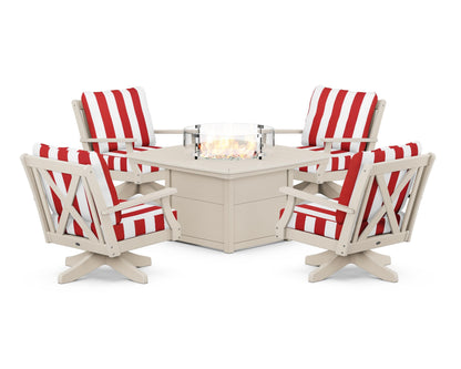 POLYWOOD® Braxton 5-Piece Deep Seating Swivel Conversation Set with Fire Pit Table in Sand / Cabana Stripe Crimson