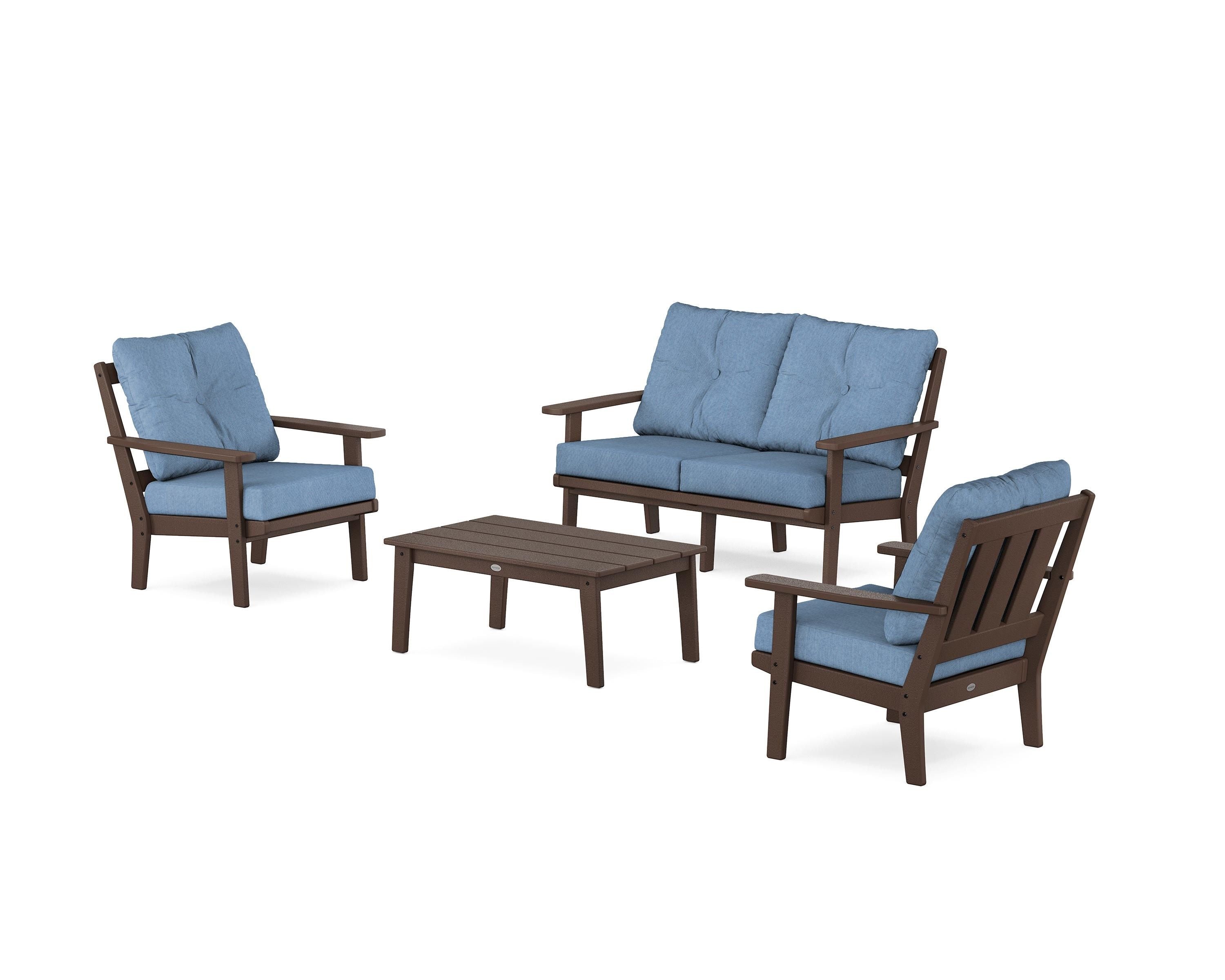 POLYWOOD® Oxford 4-Piece Deep Seating Set with Loveseat in Mahogany / Sky Blue