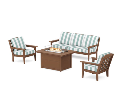Country Living Cottage Deep Seating Fire Pit Table Set in Teak / Cabana Stripe Glacier Spa