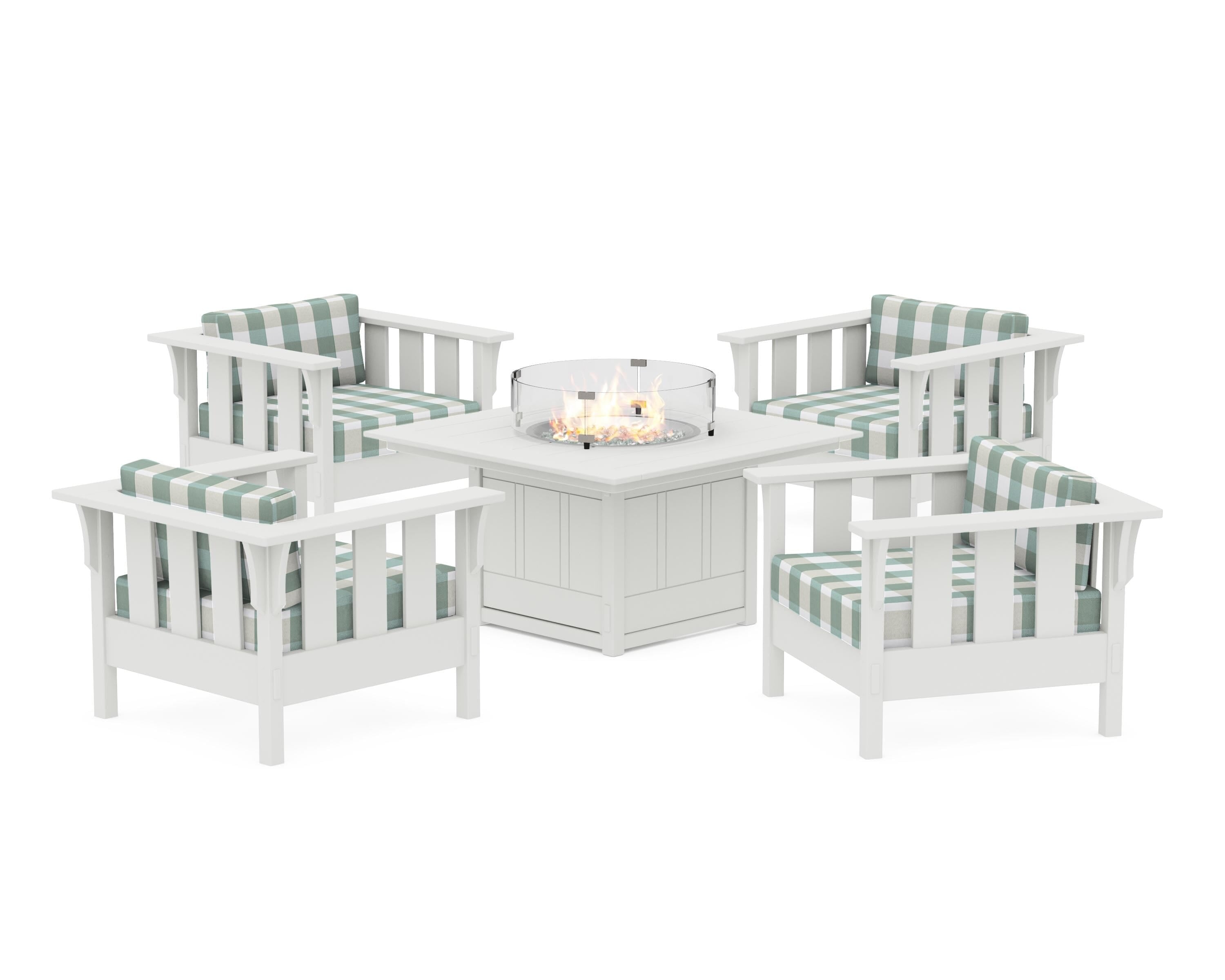 Martha Stewart by POLYWOOD® Acadia 5-Piece Deep Seating Set with Fire Pit Table in White / Buffalo Plaid Glacier Spa