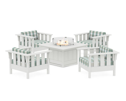Martha Stewart by POLYWOOD® Acadia 5-Piece Deep Seating Set with Fire Pit Table in White / Buffalo Plaid Glacier Spa