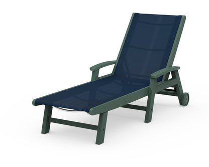 POLYWOOD® Coastal Chaise with Wheels in Green / Navy Blue Sling