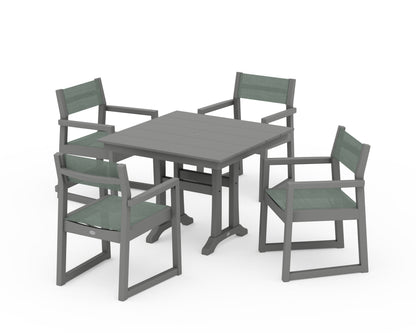POLYWOOD® EDGE Sling 5-Piece Farmhouse Dining Set with Trestle Legs in Slate Grey / Dupioni Sea Mist Sling