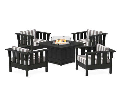 Martha Stewart by POLYWOOD® Acadia 5-Piece Deep Seating Set with Fire Pit Table in Black / Cabana Stripe Grey Mist