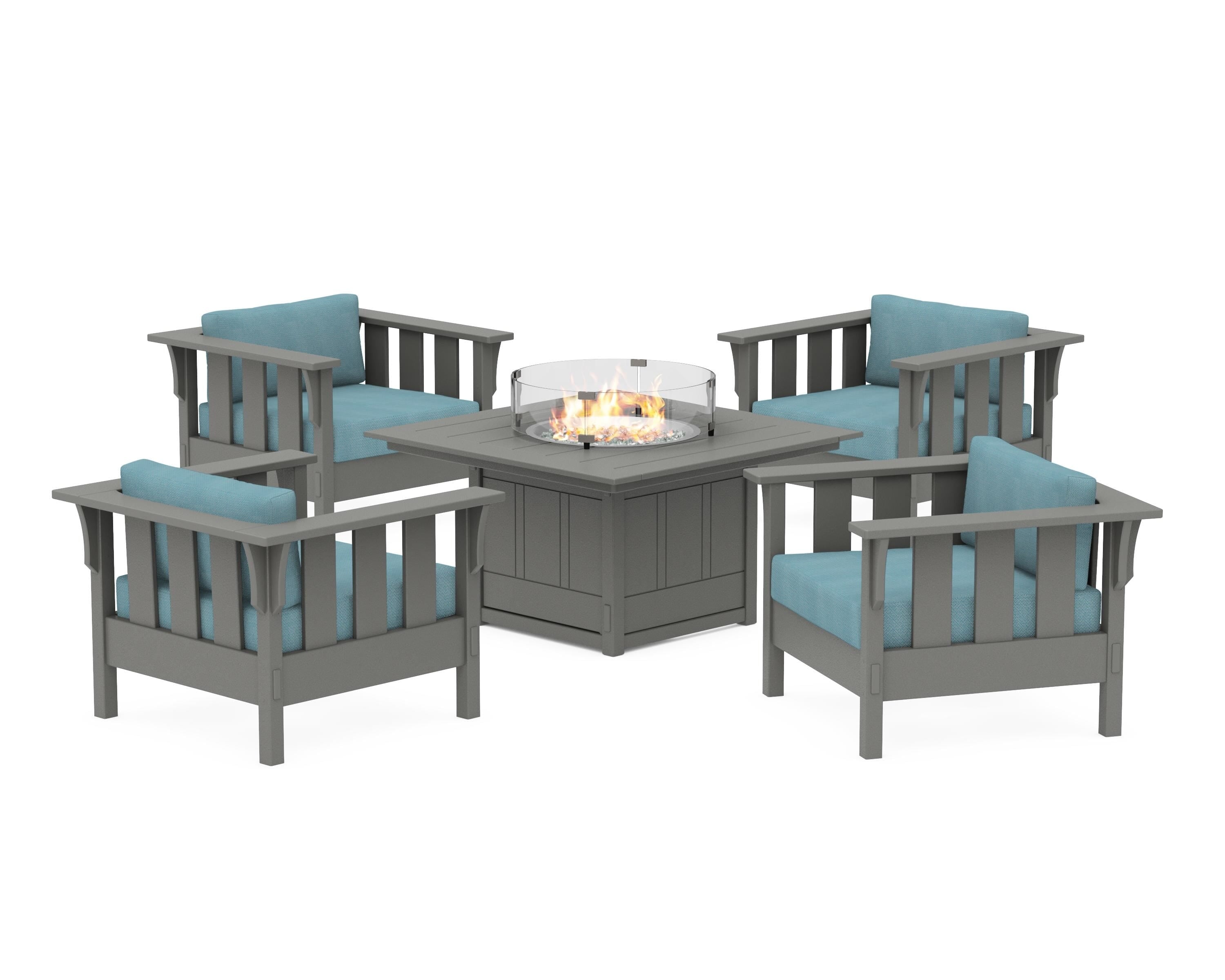 Martha Stewart by POLYWOOD® Acadia 5-Piece Deep Seating Set with Fire Pit Table in Slate Grey / Lattice Sky Blue