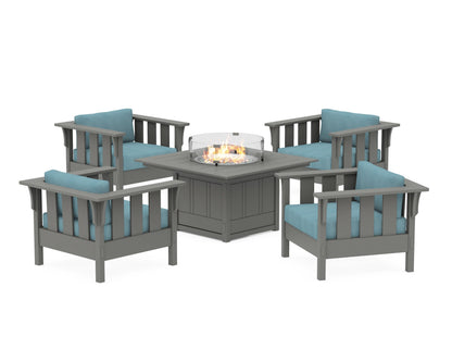 Martha Stewart by POLYWOOD® Acadia 5-Piece Deep Seating Set with Fire Pit Table in Slate Grey / Lattice Sky Blue