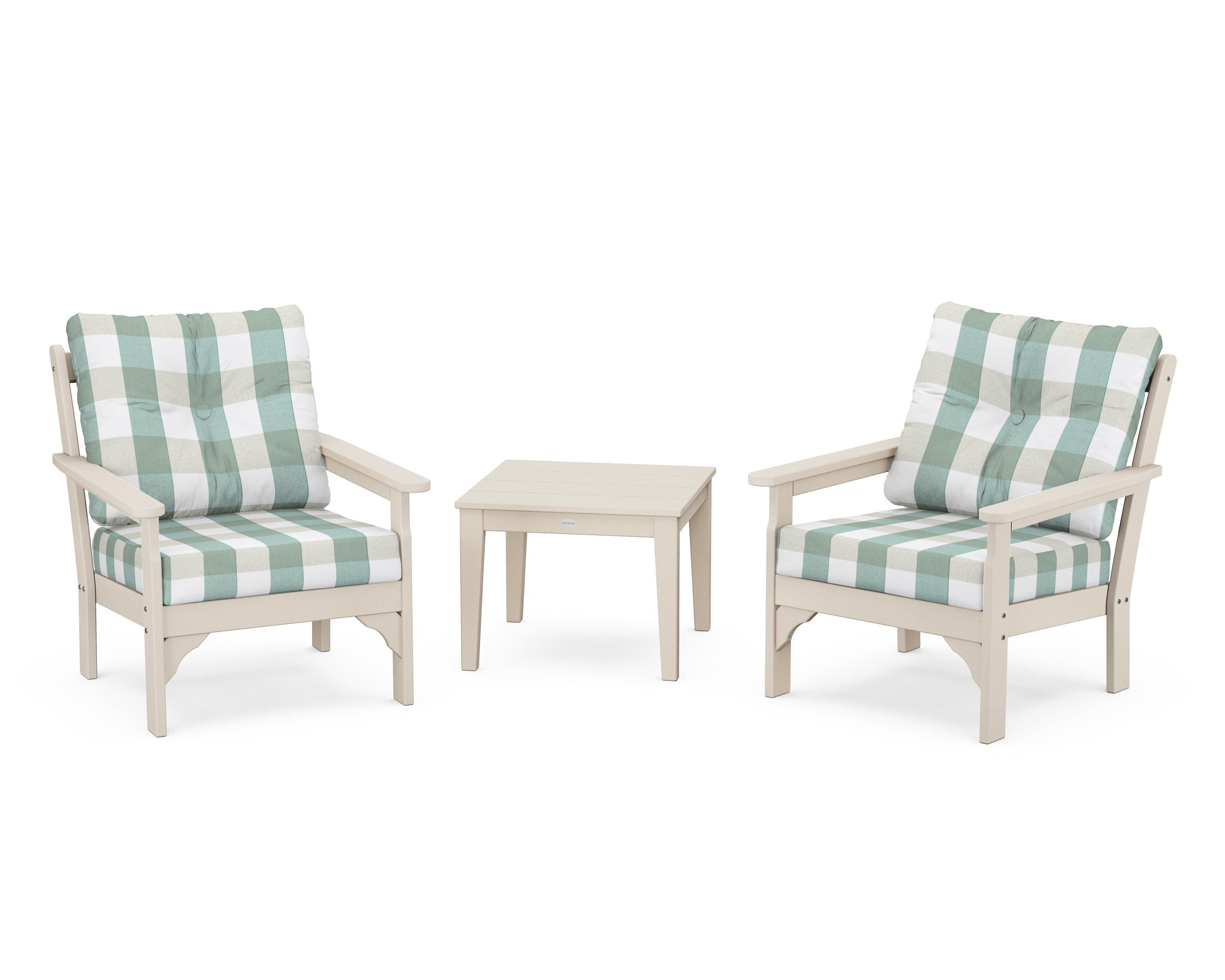 POLYWOOD® Vineyard 3-Piece Deep Seating Set in Sand / Buffalo Plaid Glacier Spa