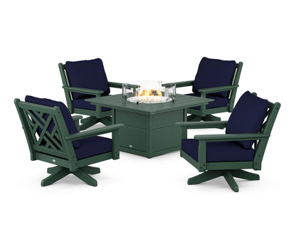 POLYWOOD® Chippendale 5-Piece Deep Seating Swivel Conversation Set with Fire Pit Table in Green / Navy