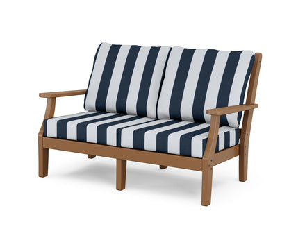 Country Living Wovendale Deep Seating Loveseat in Teak / Cabana Stripe Marine Indigo